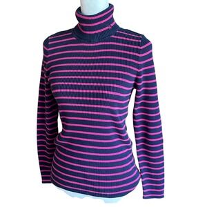 Lauren Ralph Lauren Petite‎ Large Navy Pink Striped Ribbed Turtleneck Sweater